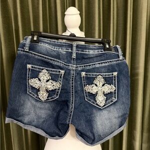 Dark Wash Denim Women's Shorts with Embroidered Cross Pockets